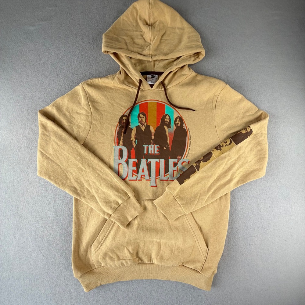 The Beatles Graphic Hoodie Tan Mens Small Streetwear Band Pullover Sleeve Art